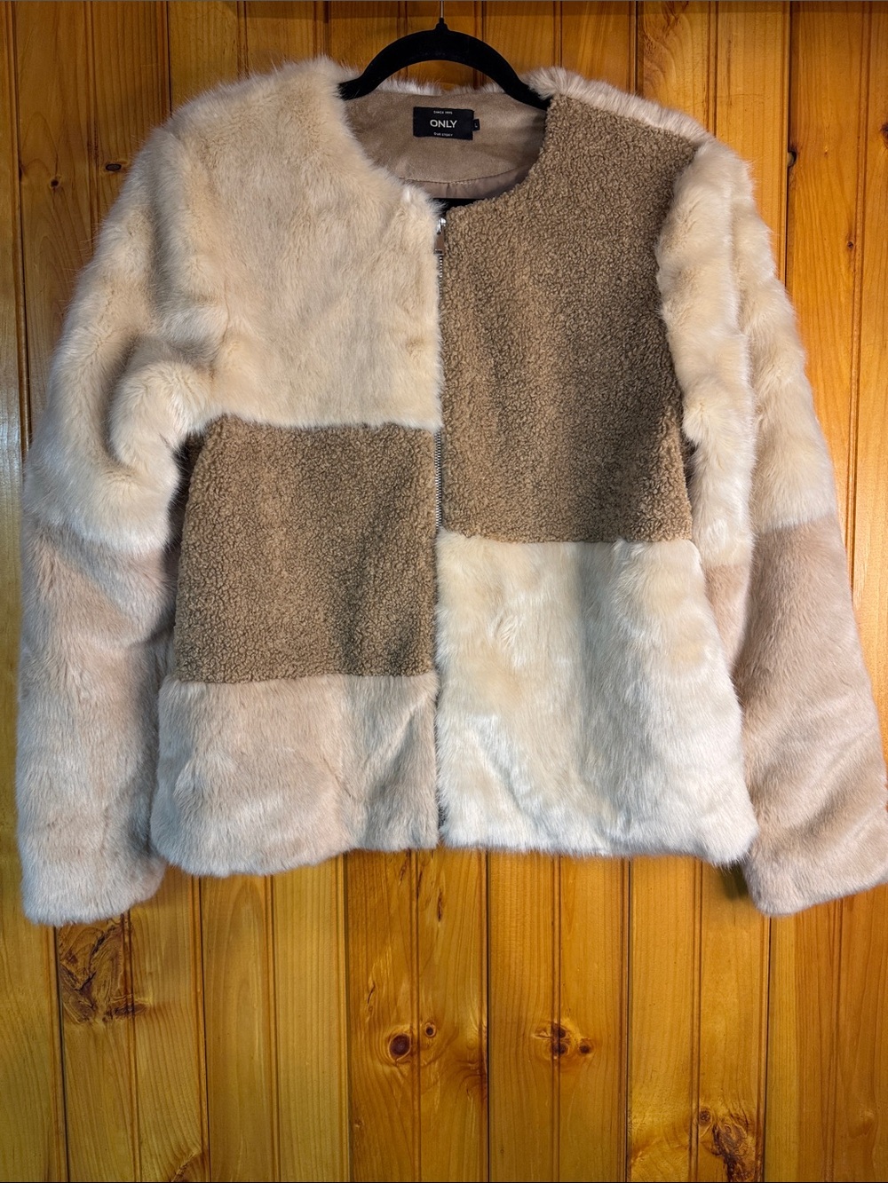 Only Women's Patchwork Faux Fur and Sherpa Jacket - Beige and Brown